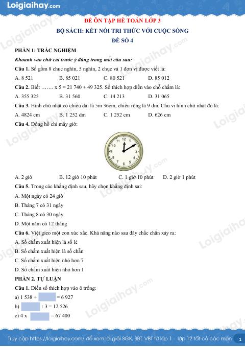 Đề ôn hè Toán 3 lên 4 có lời giải chi tiết - Đề 4